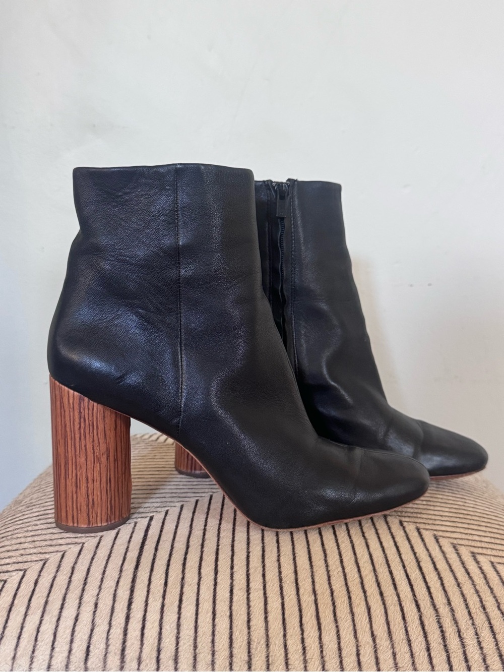 Black Leather Women's Ankle Boots with Wood-Effect Block Heel